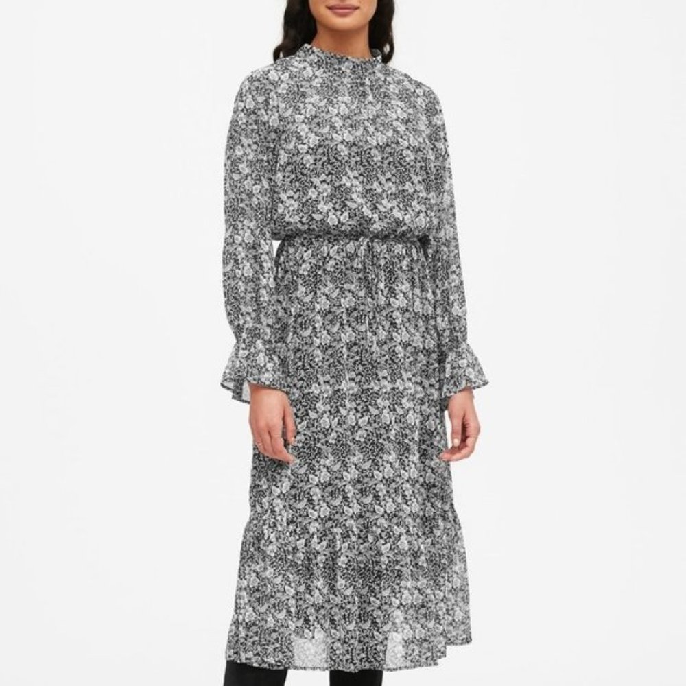 Banana Republic ~ new Black Floral Ruffle High Neck Maxi Dress